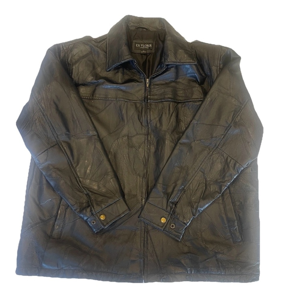 Men’s Black Leather Explorer Biker  Motorcycle Jacket Size 2X - Patchwork Stitch